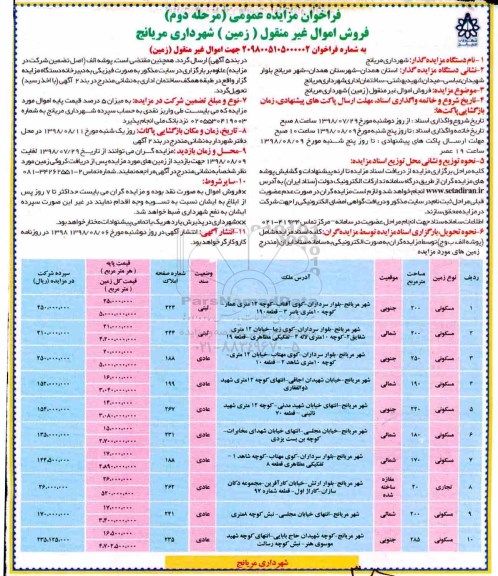 آگهی مزایده ، مزایده فروش زمین کاربری مسکونی مرحله دوم
