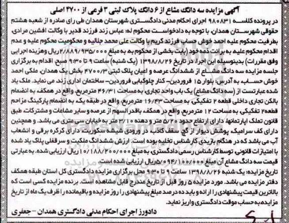 آگهی مزایده مزایده سه دانگ مشاع یکباب واحد تجاری