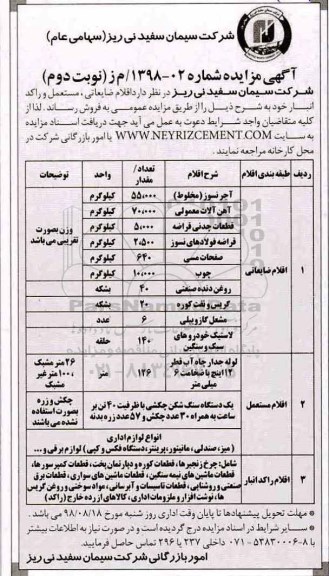 مزایده , مزایده فروش اقلام ضایعاتی ، مستعمل و راکد انبار - نوبت دوم 