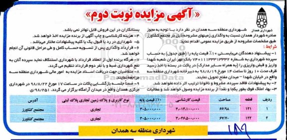 مزایده ، مزایده واگذرای زمینها با کاربری تجاری نوبت دوم