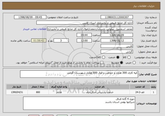 استعلام کپه کاری 300 هکتار و حفاظت و قرق 500 هکتار شهرستان گراش