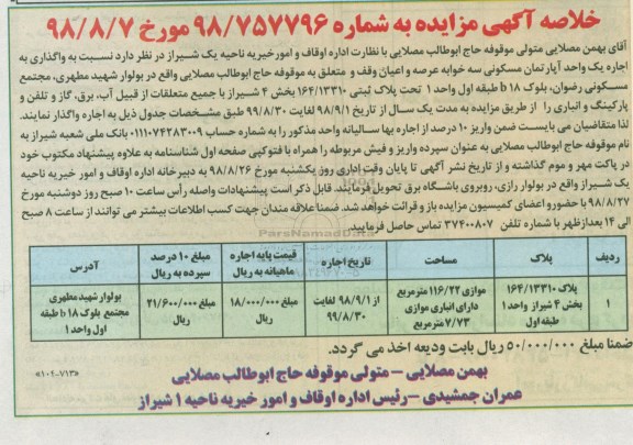 مزایده ،مزایده اجاره یک واحد آپارتمان مسکونی 116.22 مترمربع