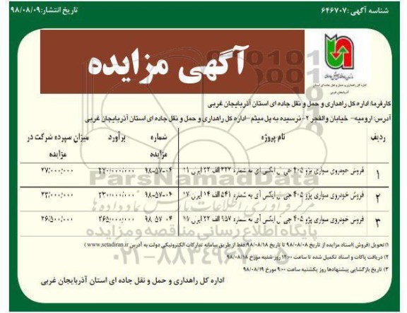 مزایده, مزایده فروش خودرو سواری پژو