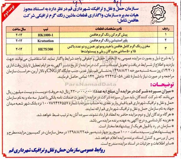 آگهی مزایده, مزایده واگذاری قطعات ماشین رنگ گرم ترافیکی شرکت هافمن - نوبت دوم 