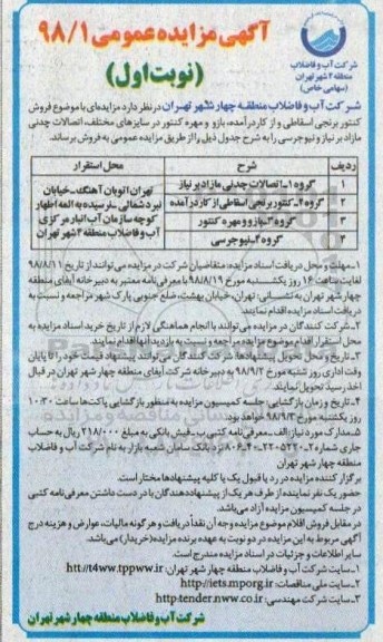 مزایده عمومی, مزایده فروش کنتور برنجی اسقاطی و از کاردرآمده و ...