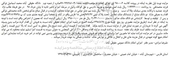 مزایده، مزایده فروش دو دانگ مشاع از ششدانگ ملک تجاری  تحت پلاک ثبتی 989/27 