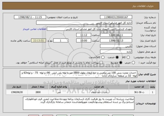 استعلام  احداث مخزن بتنی 100 متر مکعبی و خط انتقال بطول 2800 متر با لوله پلی اتیلن  90- و لوله  75 - و لوله63 و لوله  32 در منطقه ساریاتان آباده