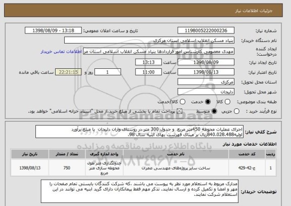 استعلام اجرای عملیات محوطه 450متر مربع  و جدول 300 متر در روستای واران دلیجان  با مبلغ برآورد اولیه840.028.488ریال بر مبنای فهرست بهای ابنیه سال 98.