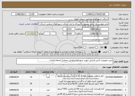 استعلام خرید تجهیزات آتش نشانی جهت شهرکها و نواحی صنعتی استان کرمان