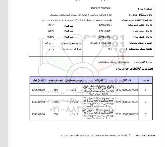 استعلام موادمصرفی کارگاه جوشکاری