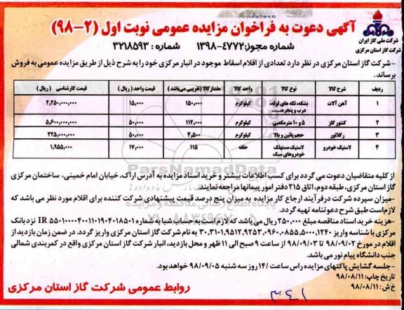فراخوان مزایده عمومی، فراخوان مزایده عمومی فروش  آهن آلات ...