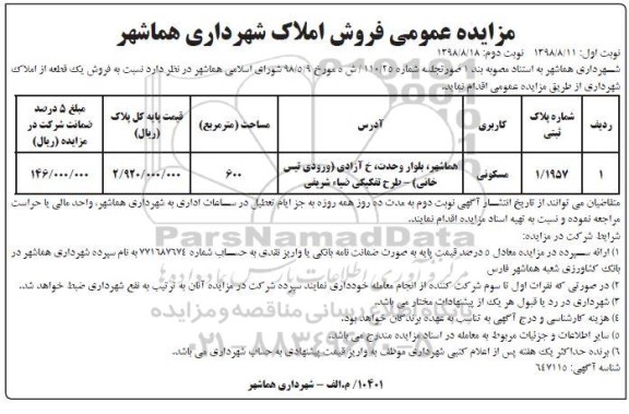 مزایده،مزایده فروش املاک کاربری مسکونی 600 مترمربع