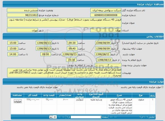 مزایده فروش 40 دستگاه موتورسیکلت