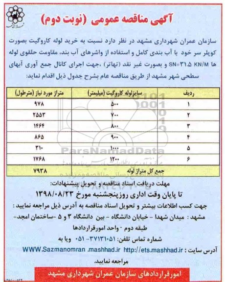  مناقصه , مناقصه خرید لوله کاروگیت- نوبت دوم 
