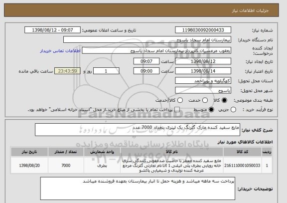 استعلام مایع سفید کننده مارک گلرنگ یک لیتری بتعداد 7000 عدد