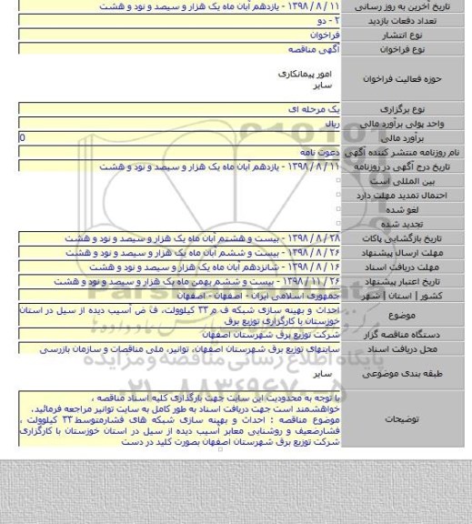 احداث و بهینه سازی شبکه ف م  ۳۳ کیلوولت، ف ض آسیب دیده از سیل در استان خوزستان با کارگزاری توزیع برق