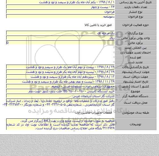 خرید ایستگاه کابینتی TBS ۲۵۰-۶۰-۲۵۰۰ فلت بدون کنتور -نوبت دوم
