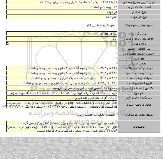 خرید ایستگاه  اندازه گیری کابینتی TBS ۶۰-۶۰-۲۵۰۰ به تعداد ۴ دستگاه-نوبت سوم