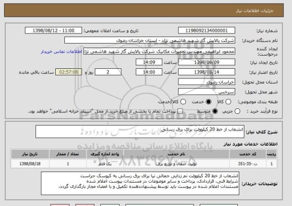 استعلام انشعاب از خط 20 کیلوولت برای برق رسانی