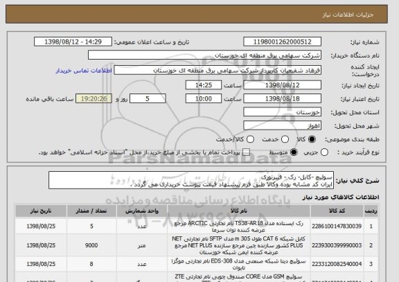 استعلام سوئیچ -کابل- رک - فیبرنوری
ایران کد مشابه بوده وکالا طبق فرم پیشنهاد قیمت پیوست خریداری می گردد .