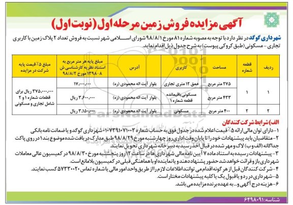 مزایده ،مزایده فروش 2 پلاک زمین کاربری تجاری و مسکونی نوبت اول مرحله اول 