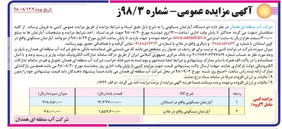 مزایده مزایده فروش دو دستگاه آپارتمان مسکونی