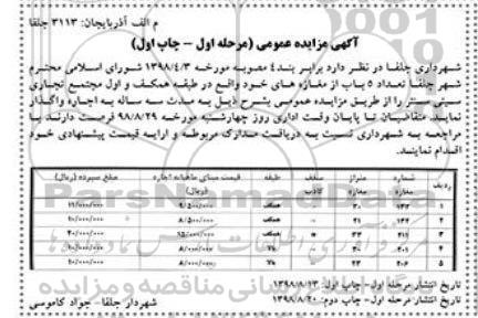 مزایده، مزایده اجاره تعداد 5 باب مغازه