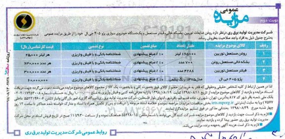 مزایده، مزایده فروش روغن مستعمل توربین نوبت دوم