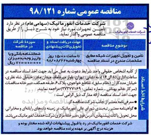 مناقصه، مناقصه تامین و تحویل تجهیزات شبکه 