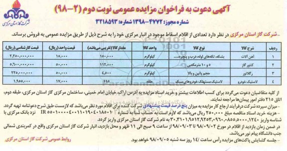 فراخوان مزایده عمومی، مزایده عمومی فروش آهن آلات ... - نوبت دوم 
