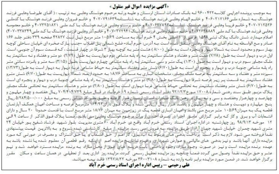مزایده,مزایده ششدانگ پلاک ثبتی 1598 فرعی از 1 اصلی