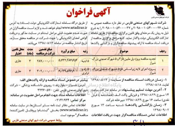 فراخوان , فراخوان پروژه پل مابین فاز 3 و 5 شهرک صنعتی ...