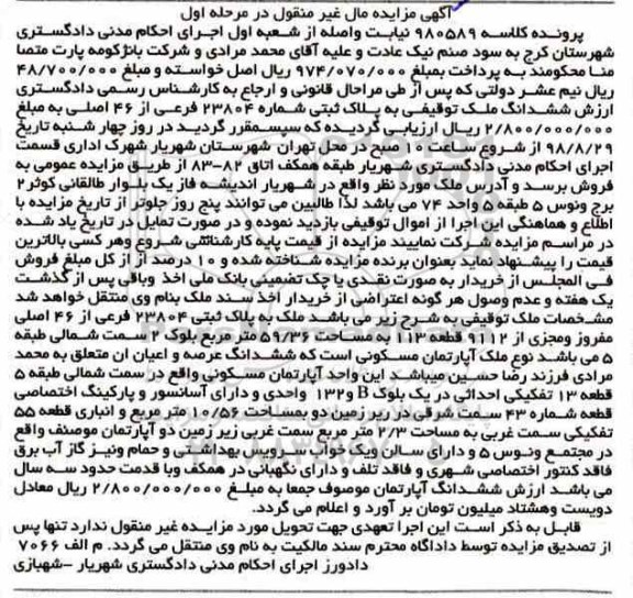 مزایده مزایده آپارتمان مسکونی 59.36 مترمربع مرحله اول