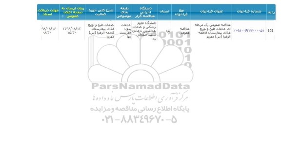 مناقصه , مناقصه خدمات طبخ و توزیع غذای بیمارستان