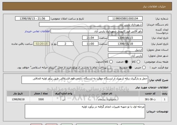 استعلام حمل و بارگیری زباله شهری از ایستگاه موقت به ایستگاه دایمی قوم قشلاقی طبق برآور اولیه الحاقی