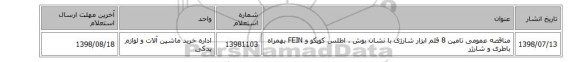 مناقصه عمومی تامین 8 قلم ابزار شارژی با نشان بوش ، اطلس کوپکو و FEIN بهمراه باطری و شارژر