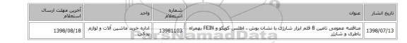 مناقصه عمومی تامین 8 قلم ابزار شارژی با نشان بوش ، اطلس کوپکو و FEIN بهمراه باطری و شارژر