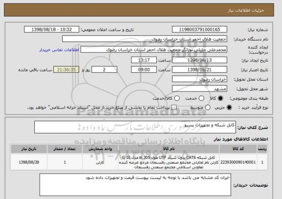 استعلام کابل شبکه و تجهیزات پسیو