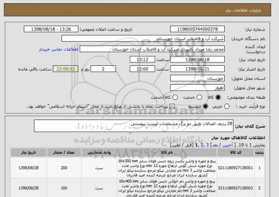 استعلام 28 ردیف اتصالات طبق دو برگ مشخصات لیست پیوستی
