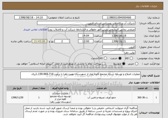 استعلام عملیات اصلاح و توسعه شبکه مجتمع آقچه مزار از شهرستان بویین زهرا با برآورد 1،159،965،716ریال  