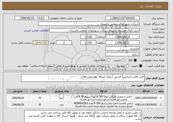 استعلام خرید لامپ و ترانس( مسی ) برای شبکه  روشنایی معابر
