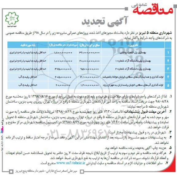 آگهی تجدید مناقصه عمومی , مناقصه بهسازی پل ... تجدید