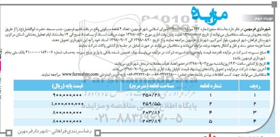 مزایده ، مزایده فروش تعدادی 4 قطعه مسکونی نوبت دوم