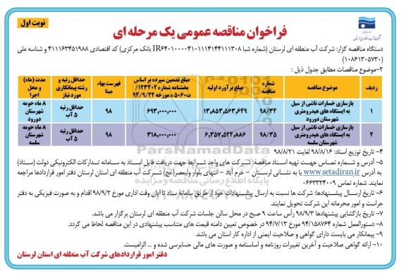 فراخوان مناقصه عمومی ،مناقصه ازسازی خسارات ناشی از سیل به ایستگاه های هیدرومتری...