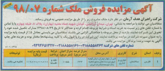 مزایده، مزایده فروش ملک کاربری تجاری و اداری