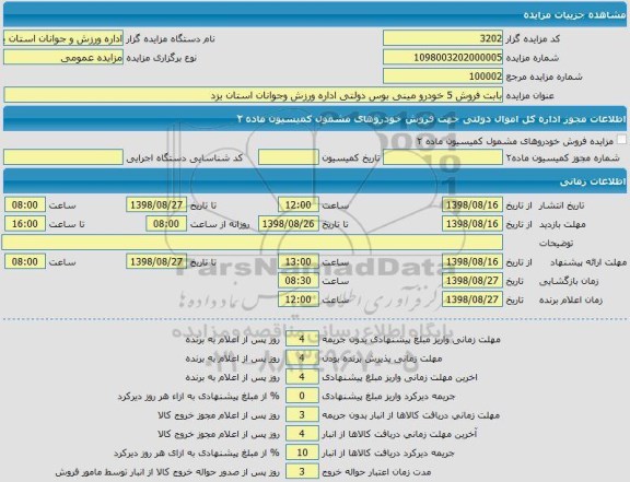 مزایده, مزایده فروش 5 خودرو مینی بوس دولتی