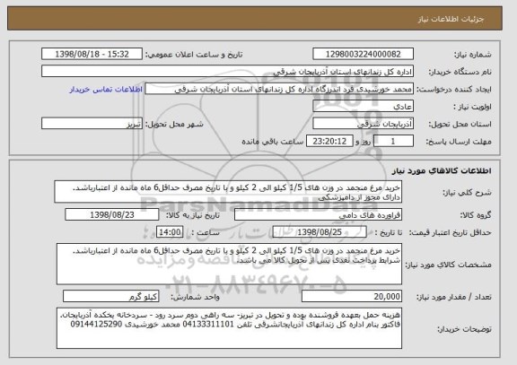 استعلام خرید مرغ منجمد در وزن های 1/5 کیلو الی 2 کیلو و با تاریخ مصرف حداقل6 ماه مانده از اعتبارباشد. دارای مجوز از دامپزشکی
