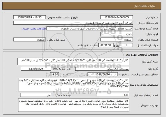 استعلام کابل ۱*۱۲۰ nyy مشکی 400 متر کابل ۱*۹۵ nyy مشکی 100 متر کابل ۱*۹۵ nyy زردسبز 100متر 