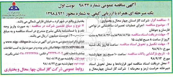 آگهی مناقصه عمومی یک مرحله ای, مناقصه اجرای عملیات تعمیرات ساختمانی