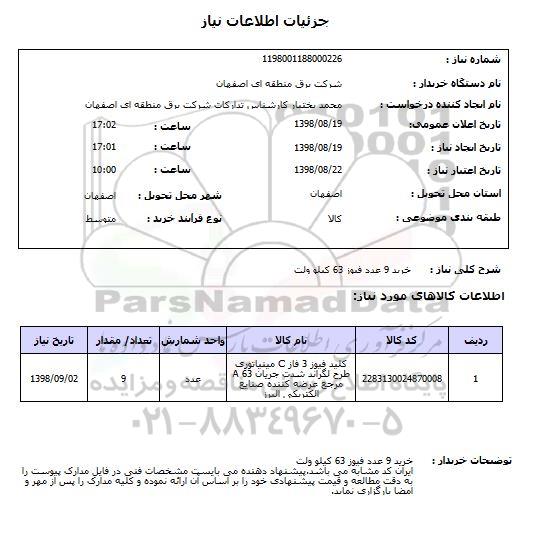 استعلام خرید 9 عدد فیوز 63 کیلو ولت